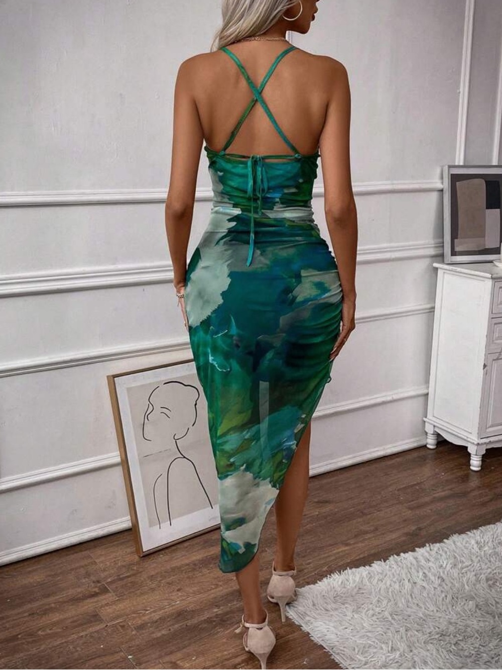 SHEIN 🌱 Green Marble Watercolor Asymmetric Slip Dress - Picture 5 of 5